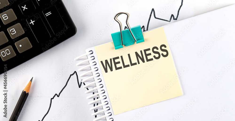 Aufkleber stickers with pencils and notebook with text wellness on chart background