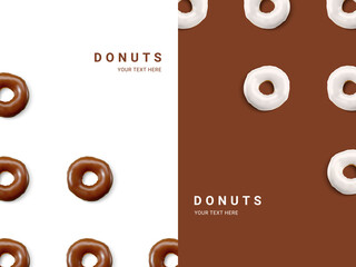 Creative layout of white and chocolate donuts isolated on light background. Collection of colorful donuts. Various glazed donuts. Nutrition concept. Vector illustration