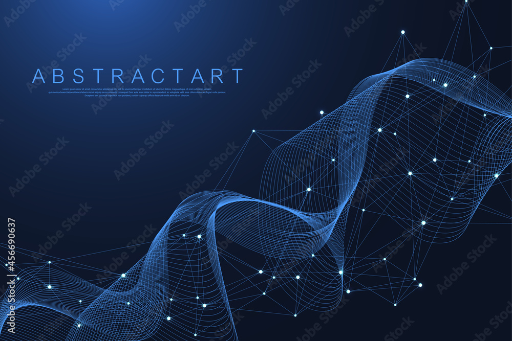 Poster Technology abstract lines and dots connection background. Connection digital data and big data concept. Digital data visualization. Waves flow. Quantum explosion technology. Vector illustration.
