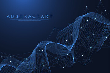 Technology abstract lines and dots connection background. Connection digital data and big data concept. Digital data visualization. Waves flow. Quantum explosion technology. Vector illustration.