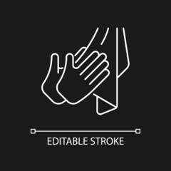 Dry hands with towel white linear icon for dark theme. Using paper and textile towels. Thin line customizable illustration. Isolated vector contour symbol for night mode. Editable stroke