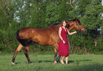 Beautiful lady bareback lead her horse in woods glade at sunset