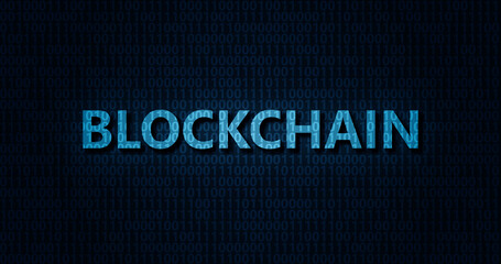 Blockchain word on digital background with binary code in blue tones. Simple design. 3D render. Cryptocurrency investment concept
