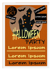 Naklejka premium Orange poster with mysterious castle and bats, invitation to Hallowen party.