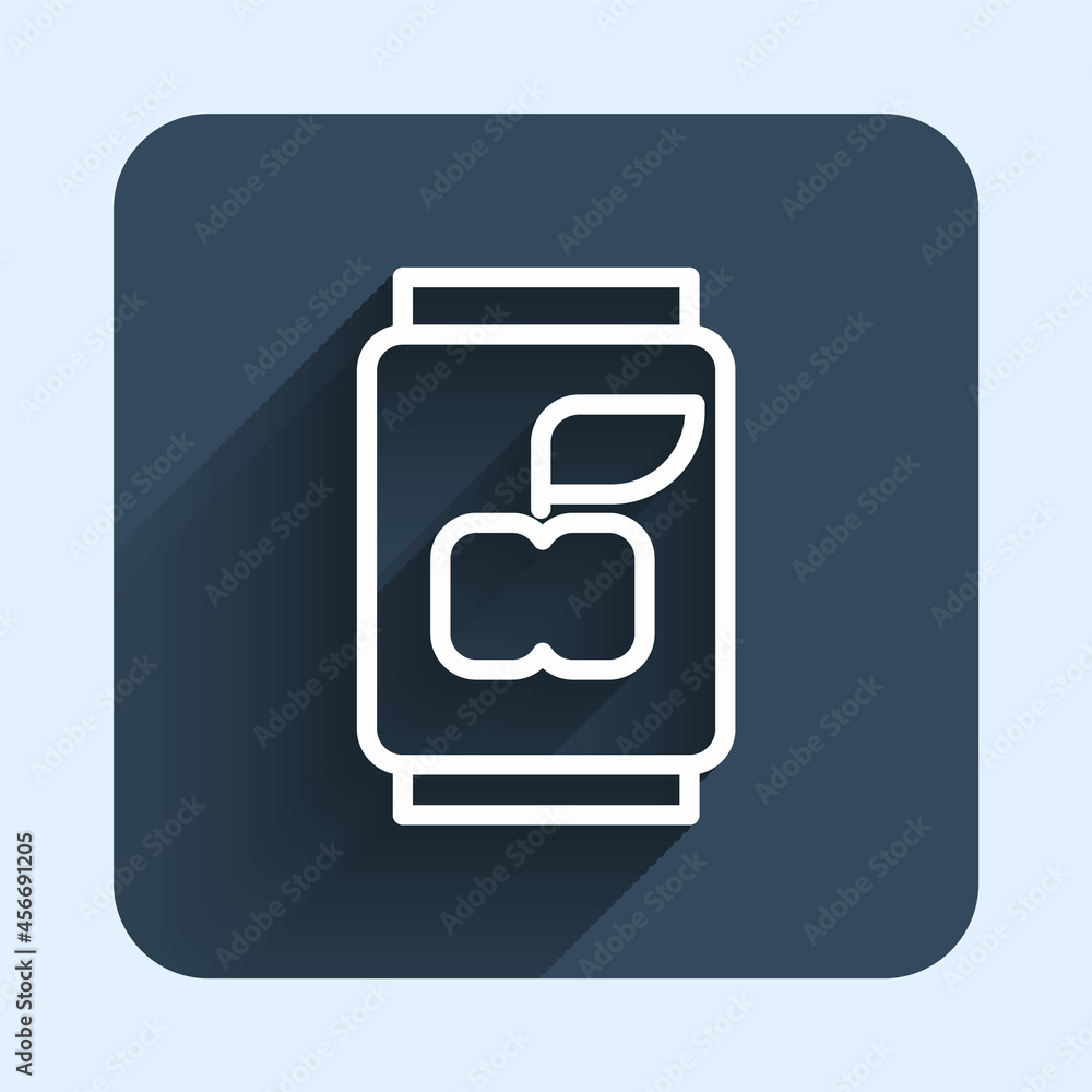 Poster white line soda can icon isolated with long shadow background. blue square button. vector