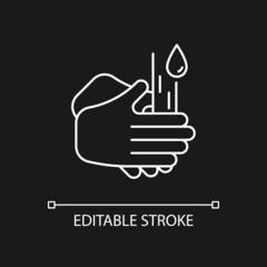 Rub palms together white linear icon for dark theme. Rinsing hands under cold running water. Thin line customizable illustration. Isolated vector contour symbol for night mode. Editable stroke