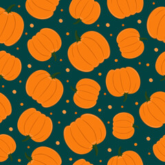 Seamless pattern of pumpkins on emerald color background. Background for autumn decorative design