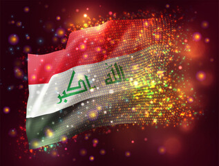 Iraq, vector 3d flag on pink purple background with lighting and flares