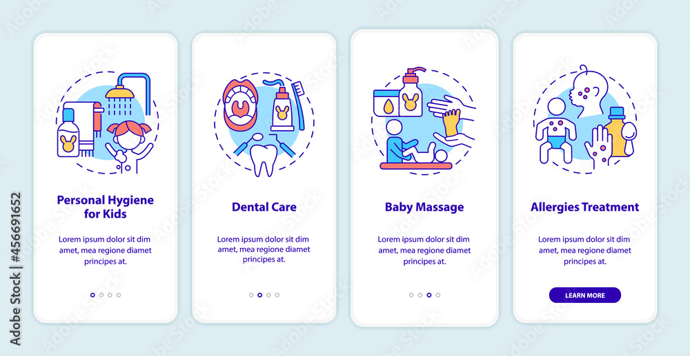 Poster baby care onboarding mobile app page screen. child physical health walkthrough 4 steps graphic instr