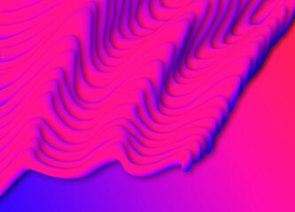 Une belle abstraction avec des liquides roses sur un fond dégradé de couleurs violet et bleu. Une image 3D avec une surface de paysage inégale.
