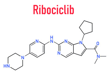 Ribociclib cancer drug molecule (CDK4 CDK6 inhibitor). Skeletal formula.
