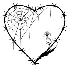 Vector illustration of barbed wire frame as heart with stylized thistle in black and white