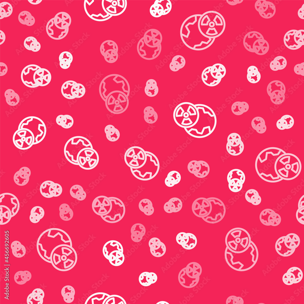 Poster white line planet earth and radiation symbol icon isolated seamless pattern on red background. envir