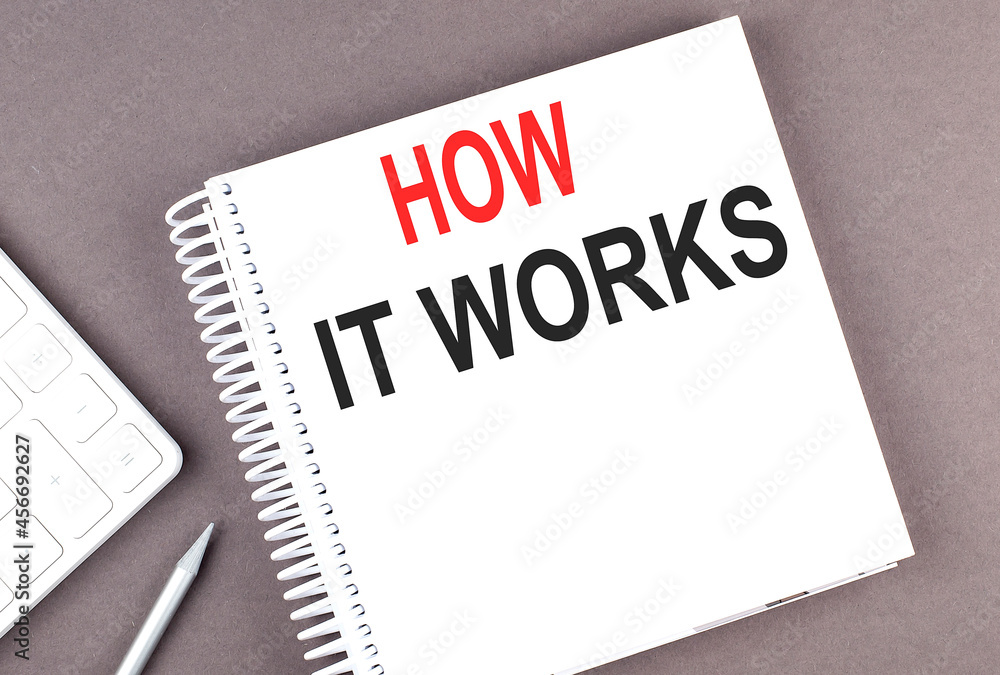 Poster how it works text on the notebook with calculator and pen