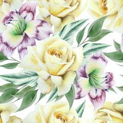 Bright seamless pattern with flowers. Rose. Watercolor. Hand drawn.