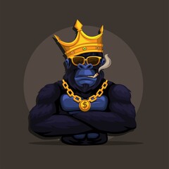 Gorilla king kong monkey wear crown and smoking mascot symbol cartoon illustration vector