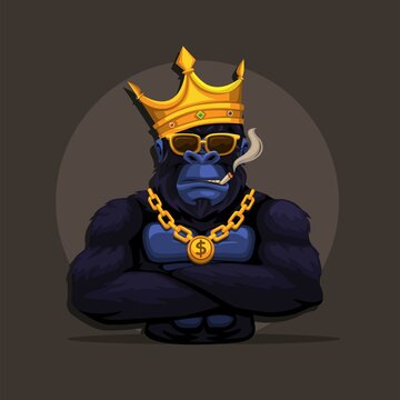 Gorilla king kong monkey wear crown and smoking mascot symbol cartoon illustration vector