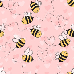 Seamless pattern with bees and hearts on color background. Small wasp. Vector illustration. Adorable cartoon character. Template design for invitation, cards, textile, fabric. Doodle style.