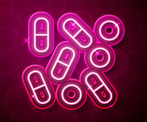 Glowing neon line Medical pill bottle biohacking icon isolated on red background. Pharmacy biohacking. Vector