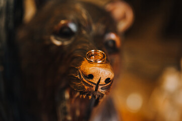 Gold wedding rings close-up on the nose of a wooden sculpture of a bear.