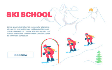 Obraz premium Group of kids learning how to ski on slope with trainer