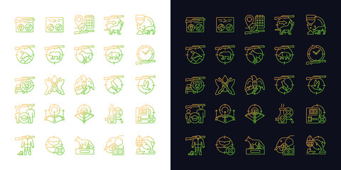 Hunting gradient icons set for dark and light mode. Wildlife animal and bird hunt. Pursue prey. Thin line contour symbols bundle. Isolated vector outline illustrations collection on black and white