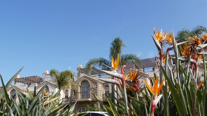 California typical suburban street, tropical Oceanside USA. Different colorful houses row. Generic...