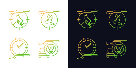 Hunting types gradient icons set for dark and light mode. Mountain hunting. Day and night hunt. Thin line contour symbols bundle. Isolated vector outline illustrations collection on black and white