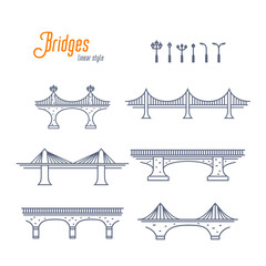 Bridges and street lamps line vector set. Various bridges and streets lights. Outline style vector illustration on white background.