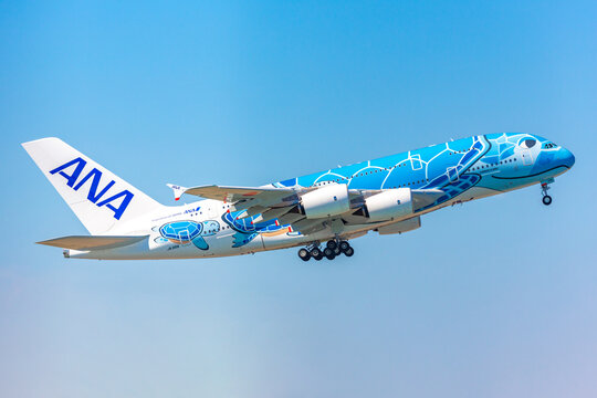 CHIBA,JAPAN - Apr 17,2019: All Nippon Airways(ANA) Airbus A380 FLYING HONU is flying to the blue sky.