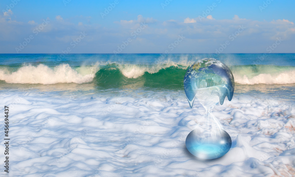 Aufkleber global warming concept - planet earth on hourglass is slowly melting with the whole earth is covered