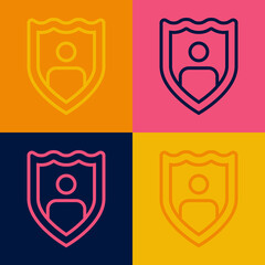 Pop art line Life insurance with shield icon isolated on color background. Security, safety, protection, protect concept. Vector