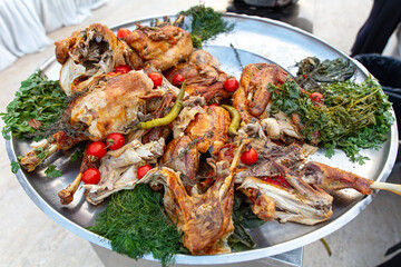 Fried chicken meat in a restaurant.