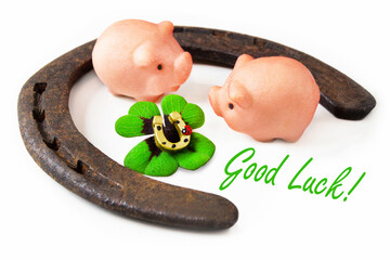 Good Luck symbols with clover marzipan piggy