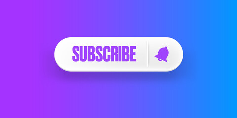 White paper subscribes button with ring bell isolated on stylish purple background. Subscribe banner template with white paper Subscribe video channel button