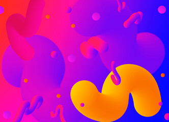 Multi-colored abstraction with fluids and balls on a gradient background. A 3D image with red, pink, orange, purple and blue colors.