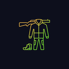 Hunting gear gradient vector icon for dark theme. Apparel for hunt. Camouflage outfit. Tools and weapon. Thin line color symbol. Modern style pictogram. Vector isolated outline drawing