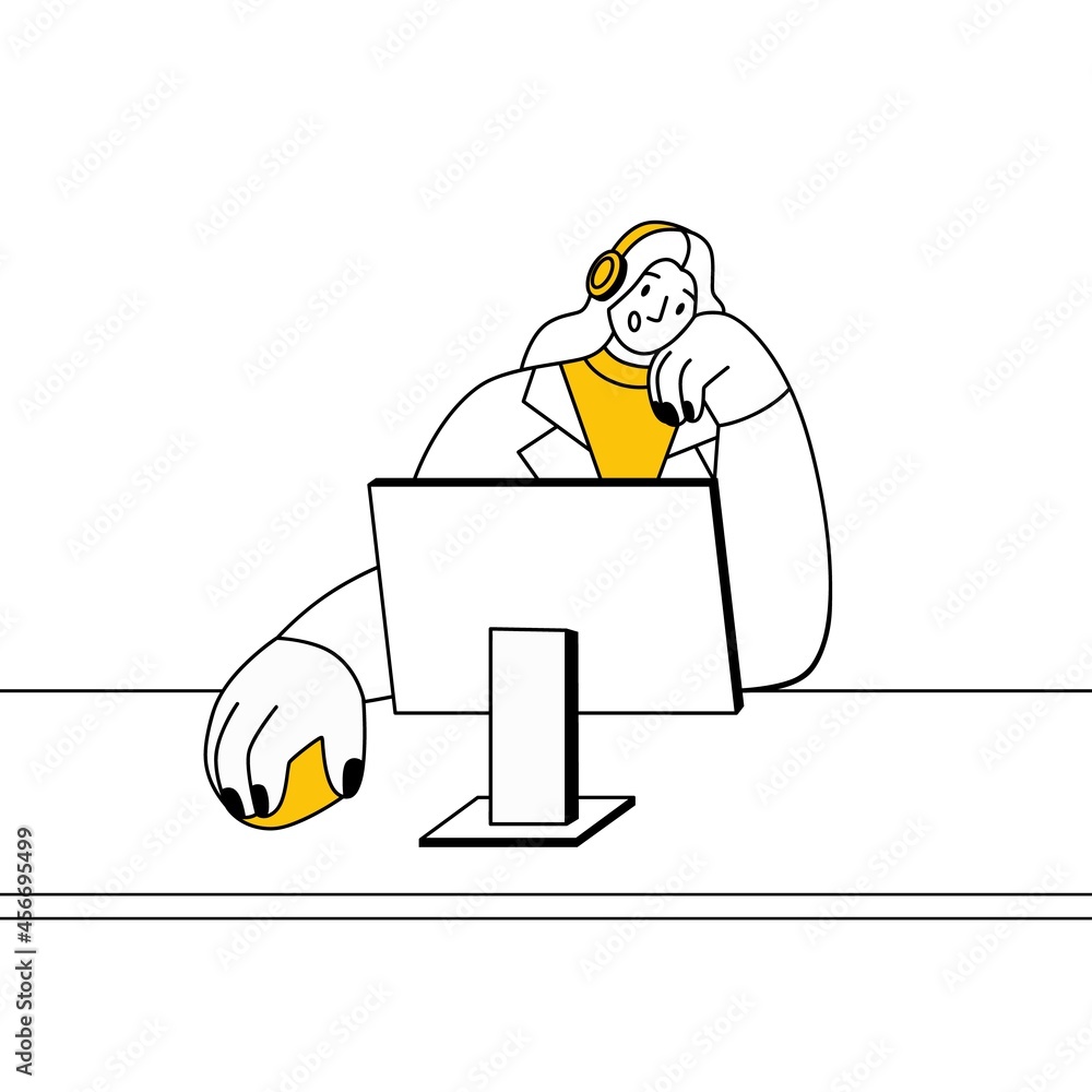 Poster call-center operator working with computer at online customer support service and speaking to client