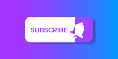 Fototapeta premium White paper subscribes button with ring bell isolated on stylish purple background. Subscribe banner template with white paper Subscribe video channel button
