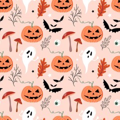 Halloween seamless pattern with pukpkins and ghosts