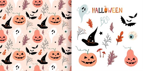 Halloween set with decorative seamless pattern and cute seasonal elements isolated