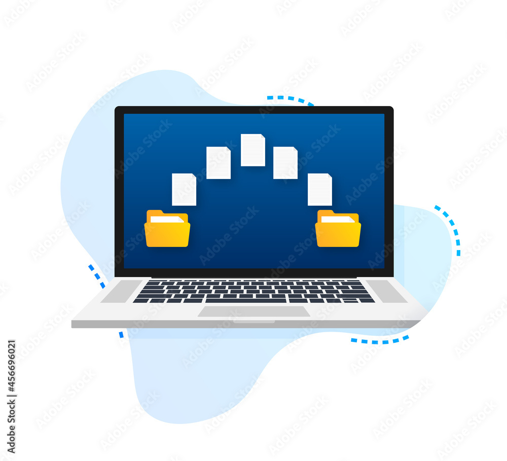 Poster file transfer. laptops with folders on screen and transferred documents. copy files, data exchange, 