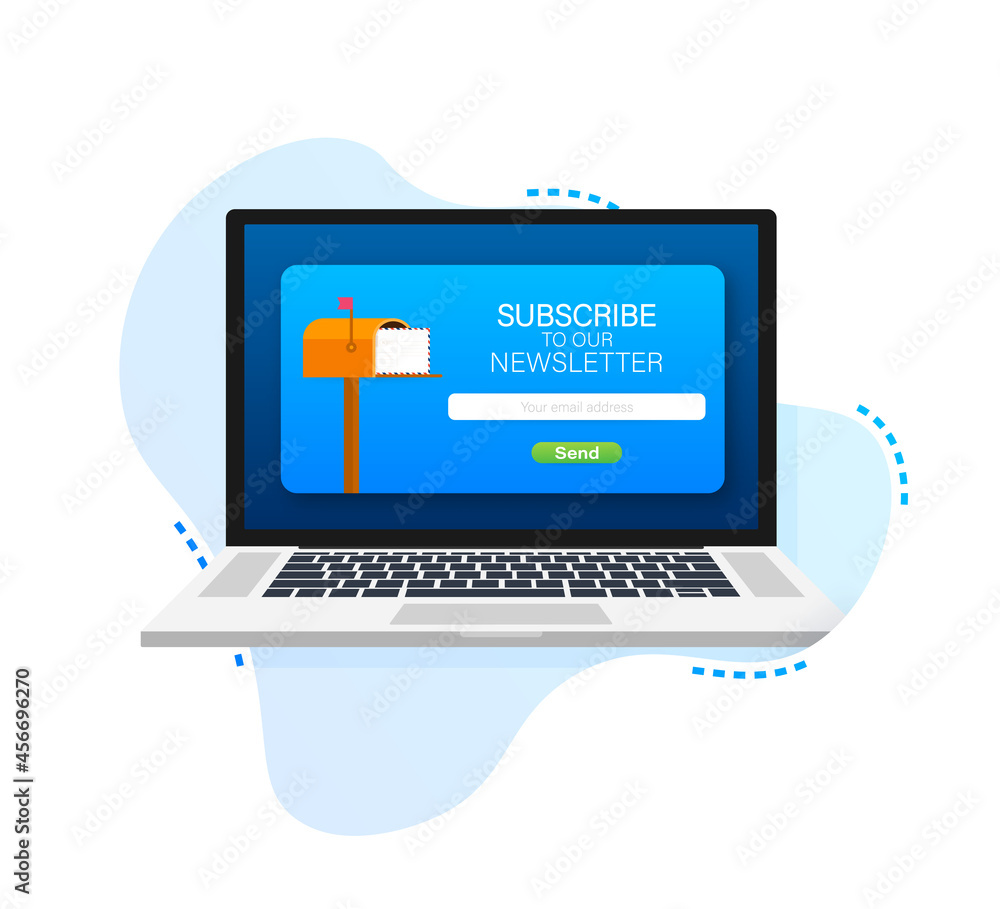 Poster email subscribe on laptop screen, online newsletter vector template with mailbox and submit button. 