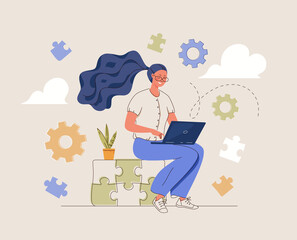 Conceptual vector illustration of process of finding unusual solution, successful creative work. Young woman at laptop, surrounded by puzzle pieces and rotating gears.