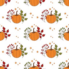 Seamless background autumn illustration pattern with orange pumpkin and colored leaves to Halloween