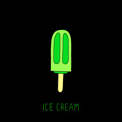 Vector illustration with ice cream on a stick on a black background.