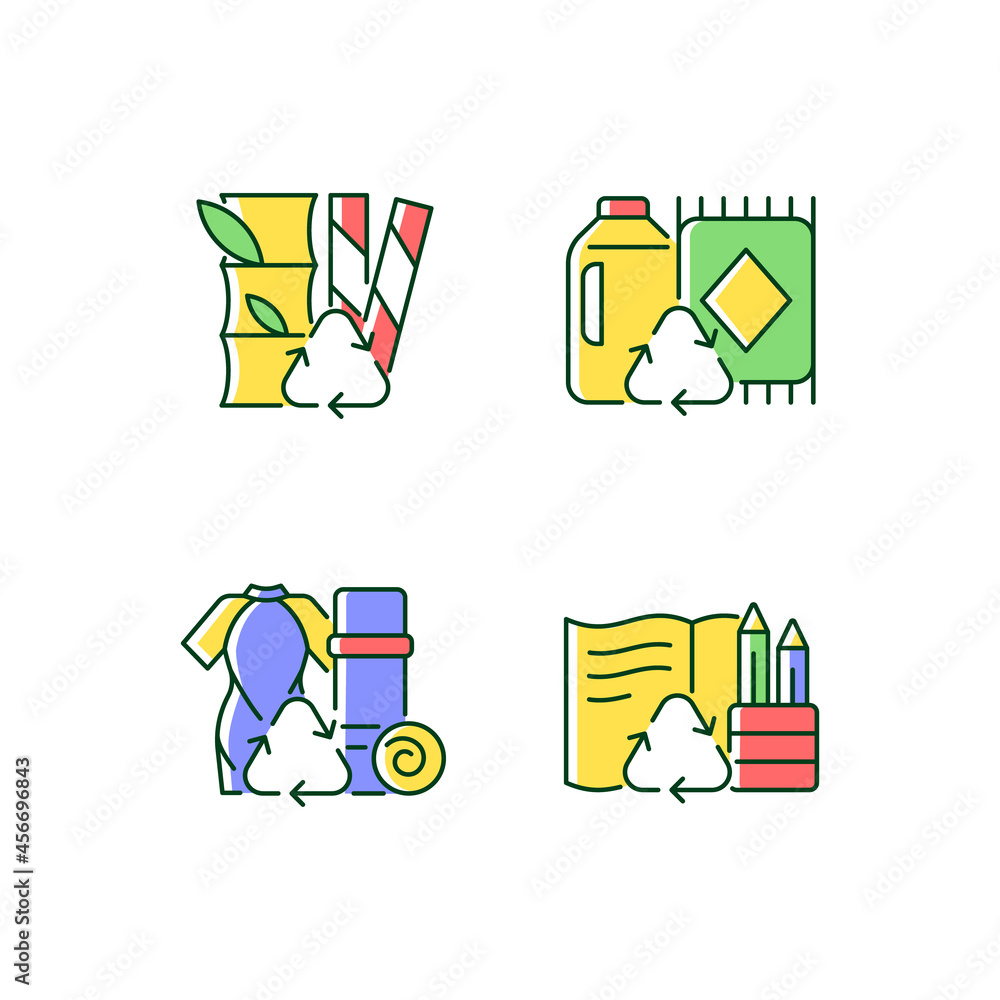 Poster reduce environmental pollution rgb color icons set. compostable straws. ethical flooring option. rep