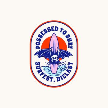 Illustration Vintage Bat Skull Surfing Logo Badge