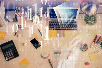 Double exposure of data drawing hologram over topview of study desk background with computer. Concept of Ai.