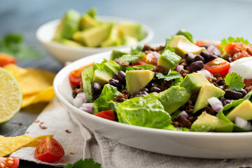 Beef Taco salad with romaine lettuce, avocado, tomato salsa, black bean and tortilla chips. Mexican healthy food